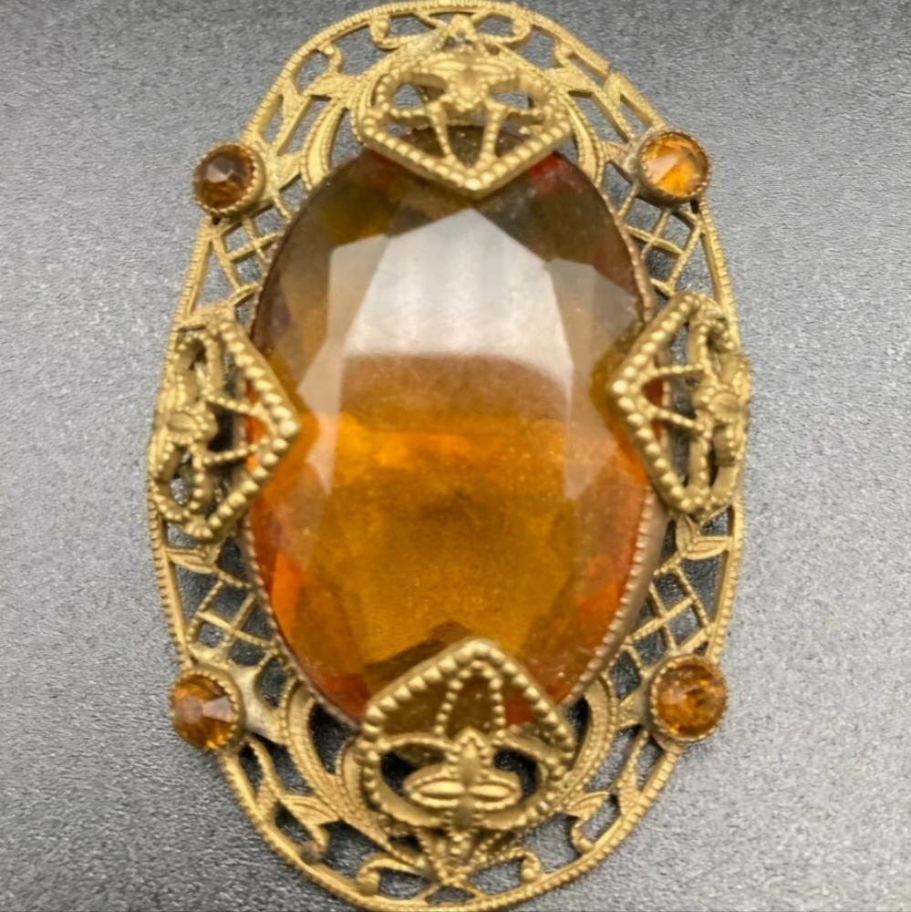 Vintage Austria Czech Faceted Amber Crystal Gilt Filigree Art Nouveau Brooch Pin
